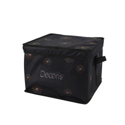 Zwarte opbergdoos met kleurrijke vuurwerkachtige patronen en handvatten aan de zijkant.