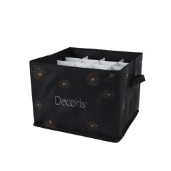 Zwarte opbergdoos met gouden sterpatronen en handvatten, gestructureerd en praktisch.