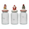 Drie glazen voorraadpotten met kleurrijke, feestelijke deksels: een sneeuwman, kerstman en kerstb...