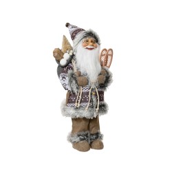 A festive figure of Santa in winter attire, holding skis and a backpack, with cozy textures.
