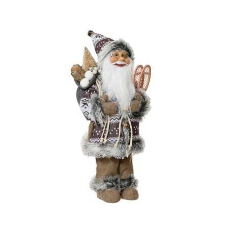 A festive figure of Santa in winter attire, holding skis and a backpack, with cozy textures. A festive figure of Santa in winter attire, holding skis and a backpack, with cozy textures.