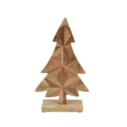 Houten kerstboom met geometrische vormen in natuurlijke tinten, rustiek en stijlvol.