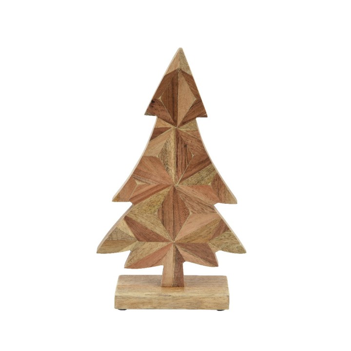 Houten kerstboom met geometrische vormen in natuurlijke tinten, rustiek en stijlvol.