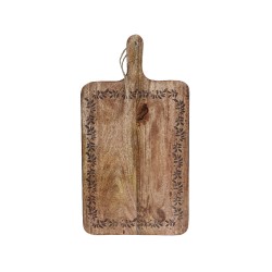 A rustic wooden cutting board with a decorative floral border and a handle.