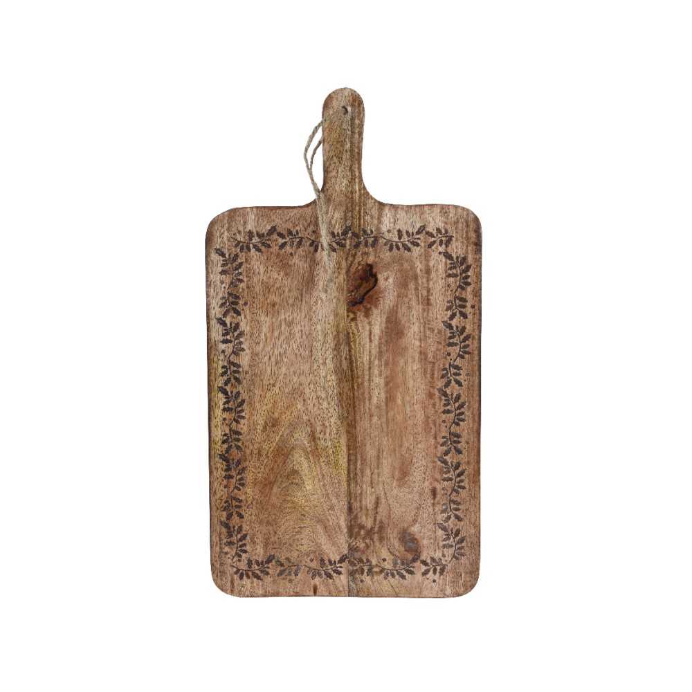 A rustic wooden cutting board with a decorative floral border and a handle.