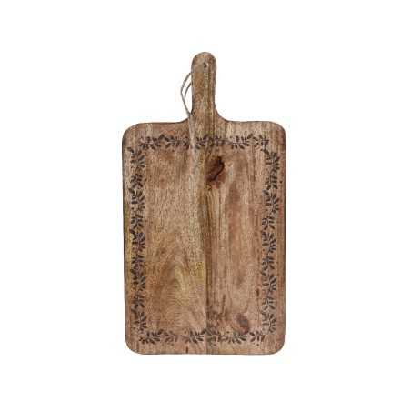A rustic wooden cutting board with a decorative floral border and a handle.