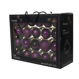 Een zwarte doos met paarse glazen kerstballen, glanzend en met glitterdetails.