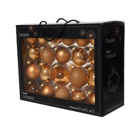Een zwarte doos met doorzichtige voorkant vol gouden kerstballen in diverse vormen en glans.