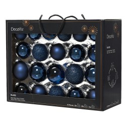 A black box filled with shiny blue glass ornaments in various sizes and textures.