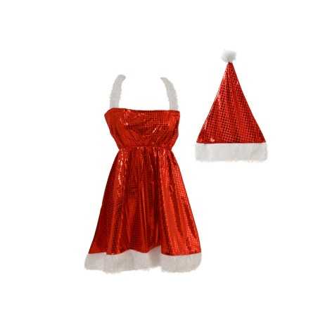 A sparkling red dress with white trim, paired with a matching Santa hat.