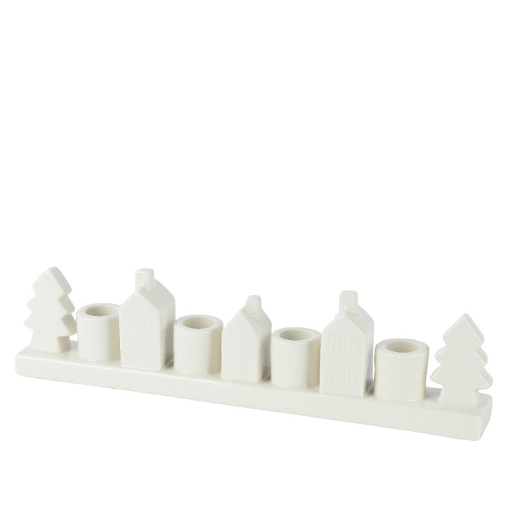 Witte kaarsenhouder met huisjes en bomen in minimalistische stijl.