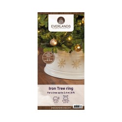 Een witte ijzeren boomring met gouden sneeuwvlokken en een elegante, feestelijke uitstraling.