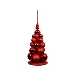 Glinsterende, rode kerstboom van bollen met een scherpe top en een glanzende basis.