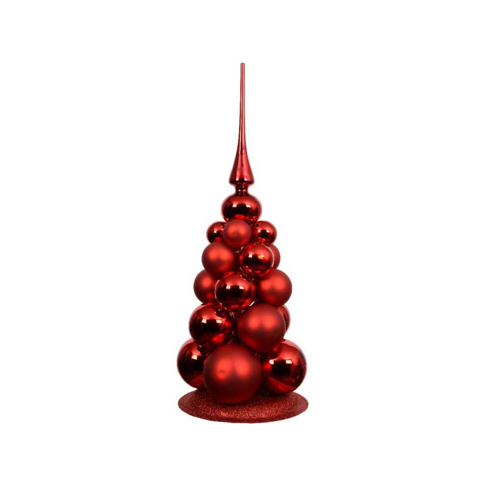 A shiny red decorative Christmas tree made of glossy spheres, topped with a pointed finial.