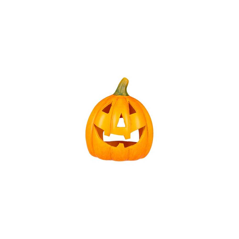 A bright orange pumpkin with a classic carved face, featuring a smiling expression.