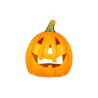 A bright orange pumpkin with a classic carved face, featuring a smiling expression.