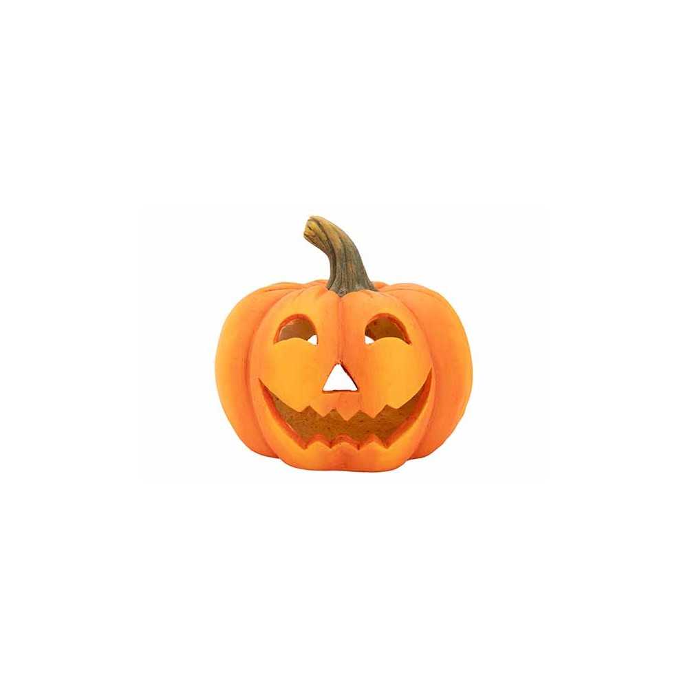 A cheerful carved pumpkin with a smiling face and jagged teeth, bright orange with a green stem.