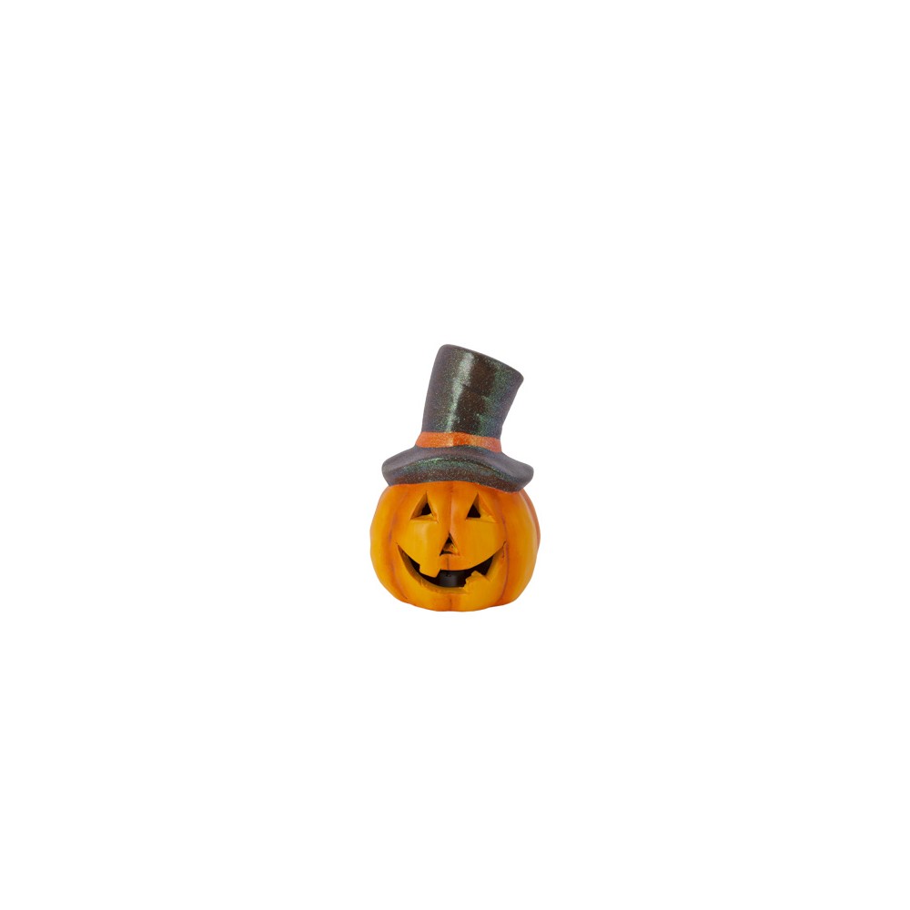 A cheerful orange pumpkin with a top hat and a wide, friendly grin.