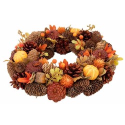 A circular wreath adorned with pinecones, autumn leaves, and orange accents.