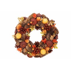 A festive autumn wreath adorned with pinecones, orange leaves, and small golden accents.