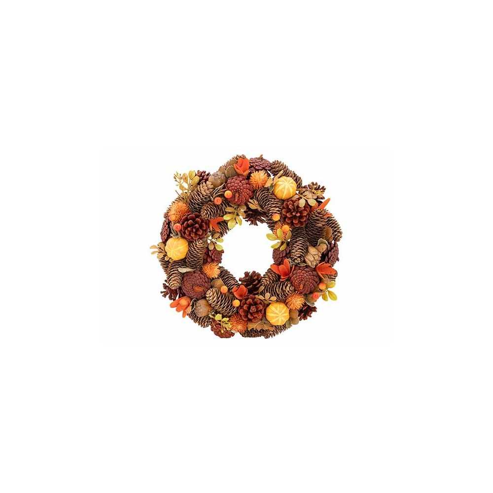 A festive autumn wreath adorned with pinecones, orange leaves, and small golden accents.