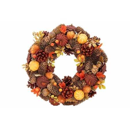 A festive autumn wreath adorned with pinecones, orange leaves, and small golden accents.