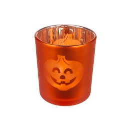 Oranje glazen kaarsenhouder met een vrolijke pompoenafbeelding, perfect voor Halloween.
