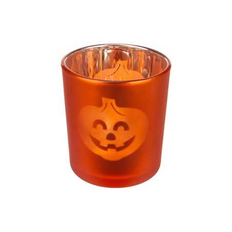 An orange glass candle holder with a smiling jack-o'-lantern design. An orange glass candle holder with a smiling jack-o'-lantern design.