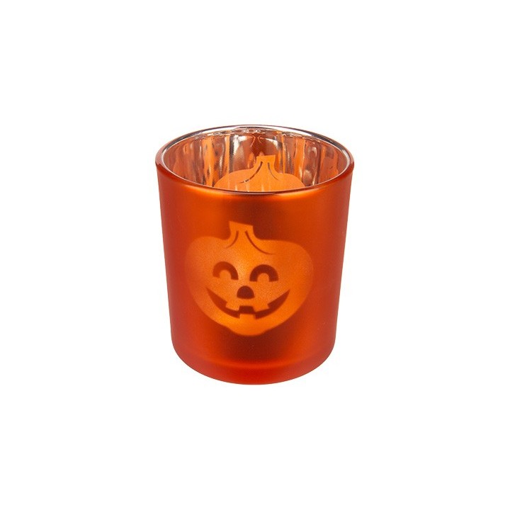 Oranje glazen kaarsenhouder met een vrolijke pompoenafbeelding, perfect voor Halloween.