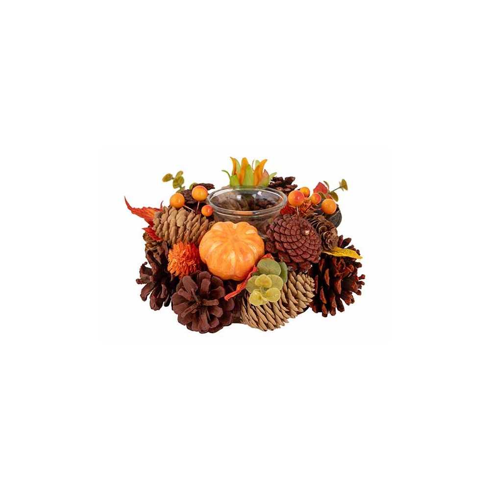 A festive arrangement of pinecones, mini pumpkins, and vibrant autumn foliage around a candle hol...