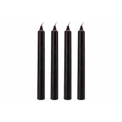 Four slender, black taper candles with pointed tips, arranged upright in a row.