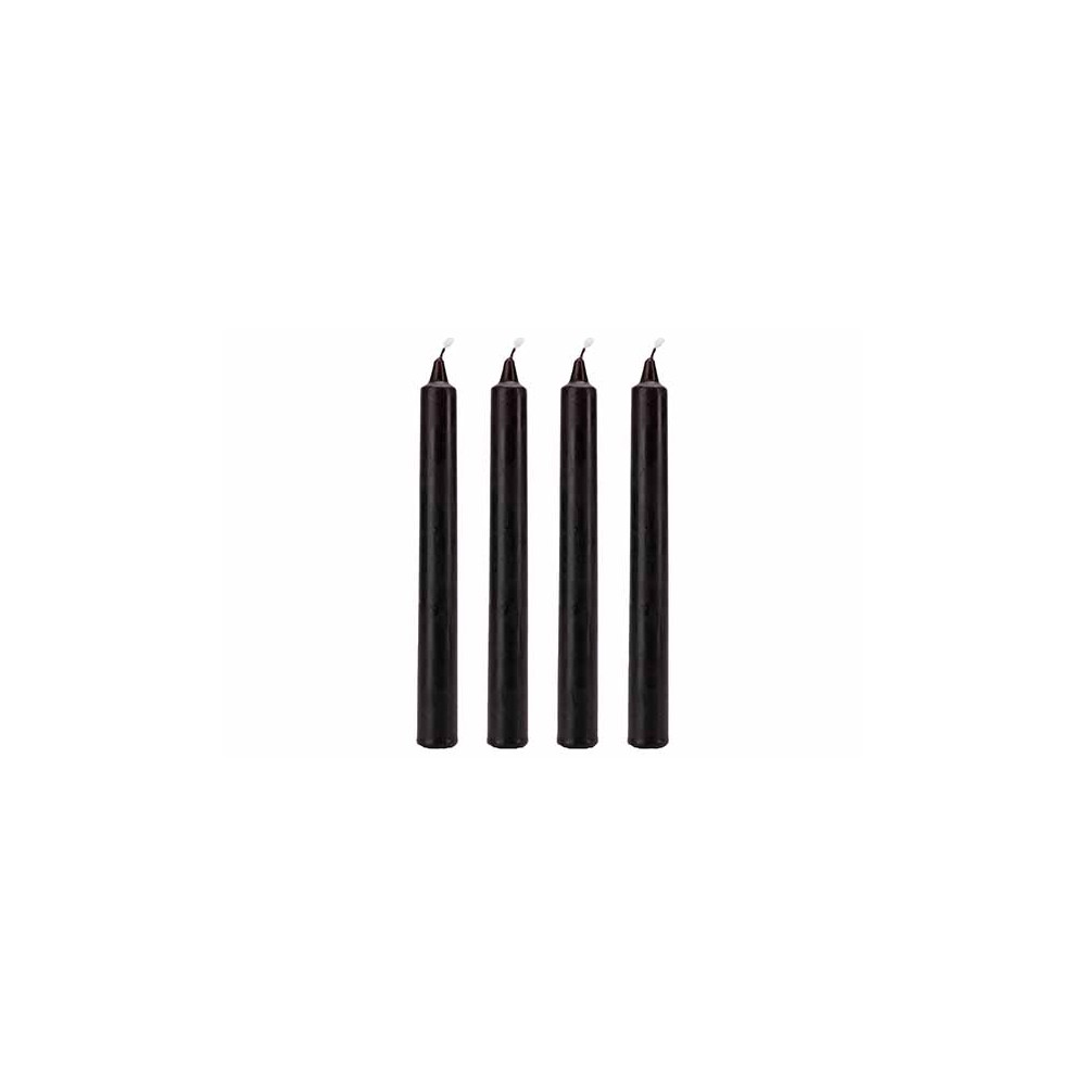 Four slender, black taper candles with pointed tips, arranged upright in a row.