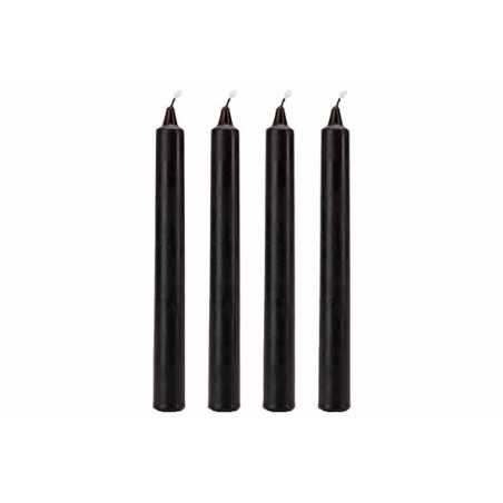 Four slender, black taper candles with pointed tips, arranged upright in a row. Four slender, black taper candles with pointed tips, arranged upright in a row.