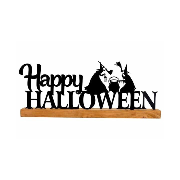 Zwart metalen Halloween-ornament met heksen en een ketel op een houten basis.