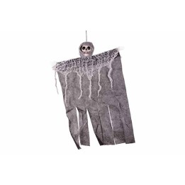 Een griezelige hangende spookfiguur met een schedel en grijze, gescheurde stof.