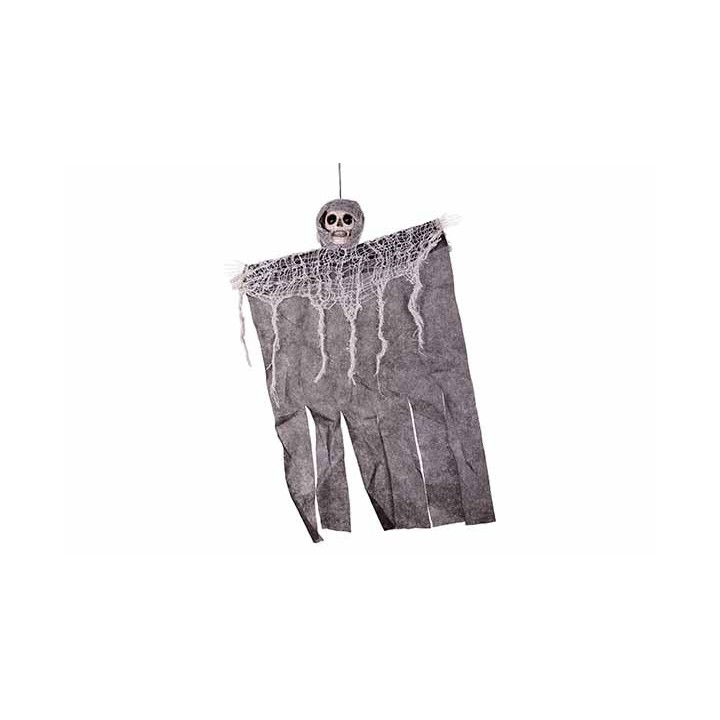 Een griezelige hangende spookfiguur met een schedel en grijze, gescheurde stof.