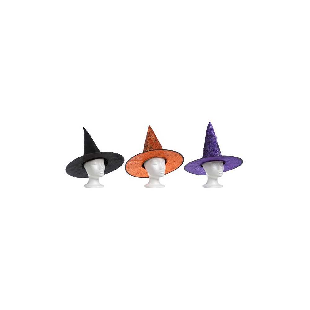 Three cone-shaped witch hats in black, orange, and purple, displayed on white mannequins.