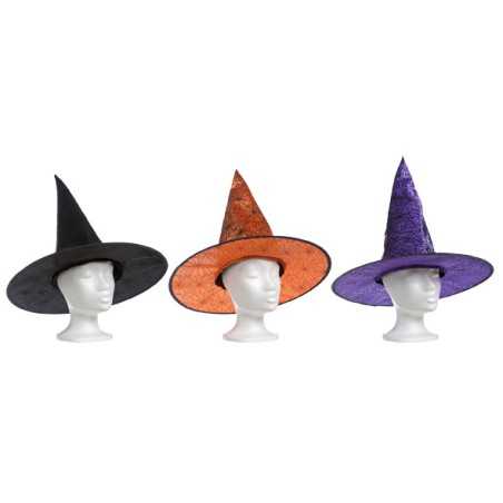 Three cone-shaped witch hats in black, orange, and purple, displayed on white mannequins. Three cone-shaped witch hats in black, orange, and purple, displayed on white mannequins.