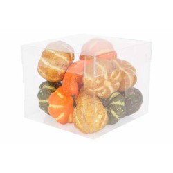 A clear box filled with colorful, decorative pumpkins and gourds in various shapes.