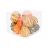 A clear box filled with colorful, decorative pumpkins and gourds in various shapes. A clear box filled with colorful, decorative pumpkins and gourds in various shapes.