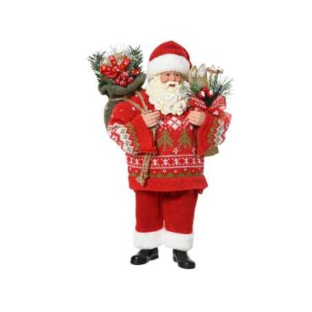 A cheerful Santa figure in a red sweater, carrying gifts and adorned with festive decorations.