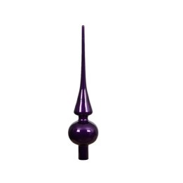 Glanzende paarse ornament met een lange spitse top en ronde basis, elegant en modern.