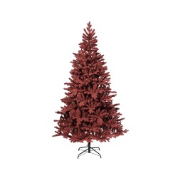 A tall, lush artificial tree in deep burgundy with a sturdy black metal stand.