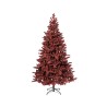 A tall, lush artificial tree in deep burgundy with a sturdy black metal stand.