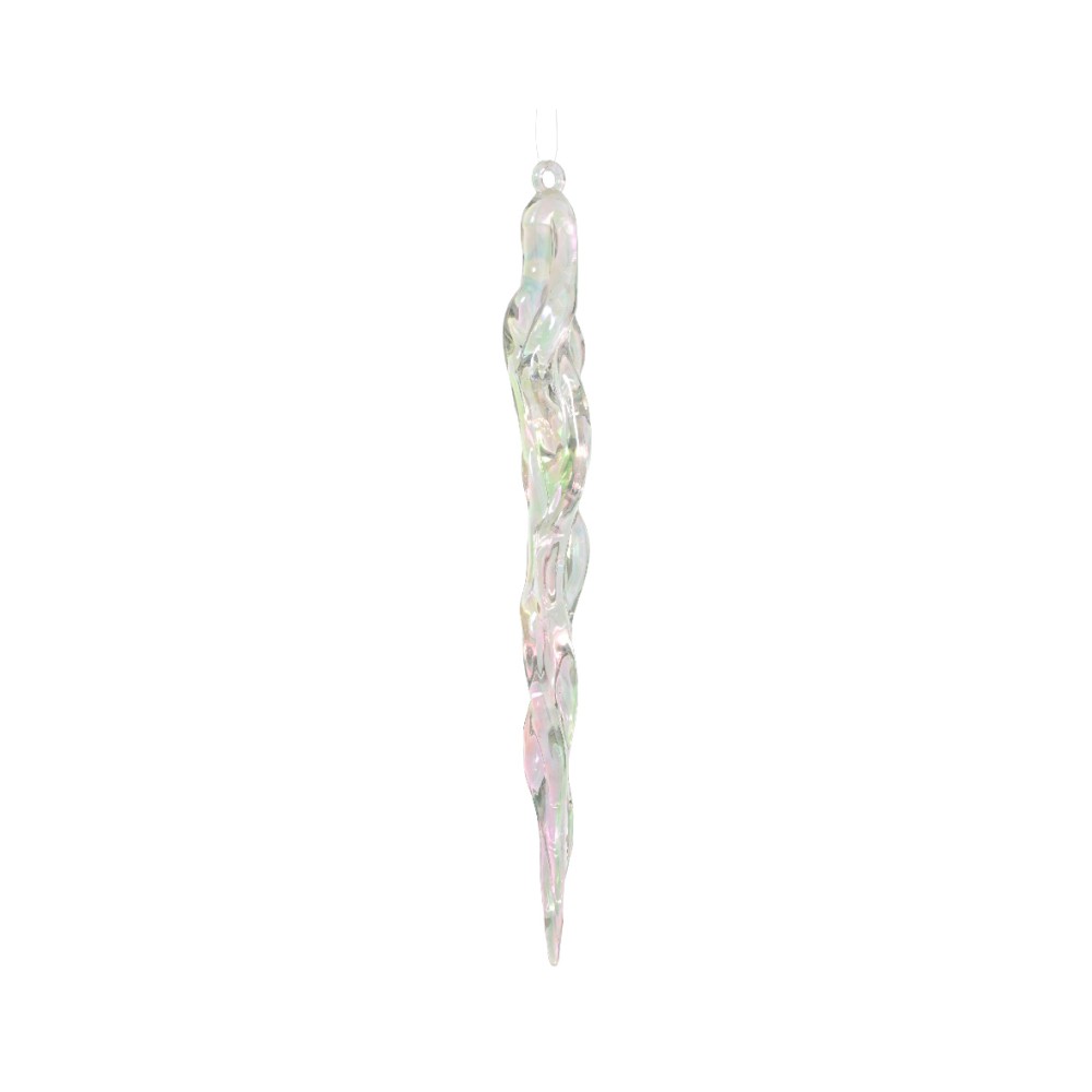 Transparante, glanzende icicle-ornament met iriserende kleuren en een sierlijke, golvende vorm.