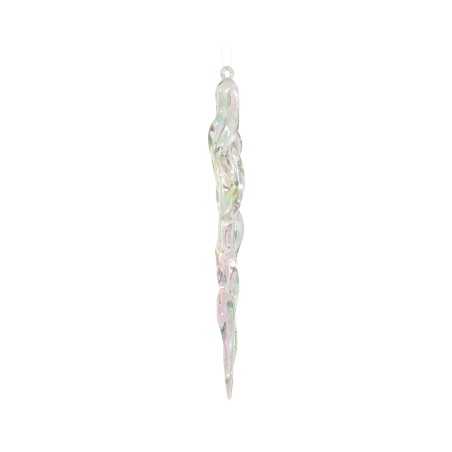 Transparante, glanzende icicle-ornament met iriserende kleuren en een sierlijke, golvende vorm.