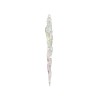 A shimmering, elongated icicle ornament with iridescent swirls reflecting light.