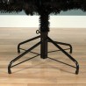 A black artificial Christmas tree stands on a sturdy metal base, set against a light background.