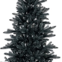 A tall, slender black artificial Christmas tree with layered branches.