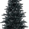 A tall, slender black artificial Christmas tree with layered branches.
